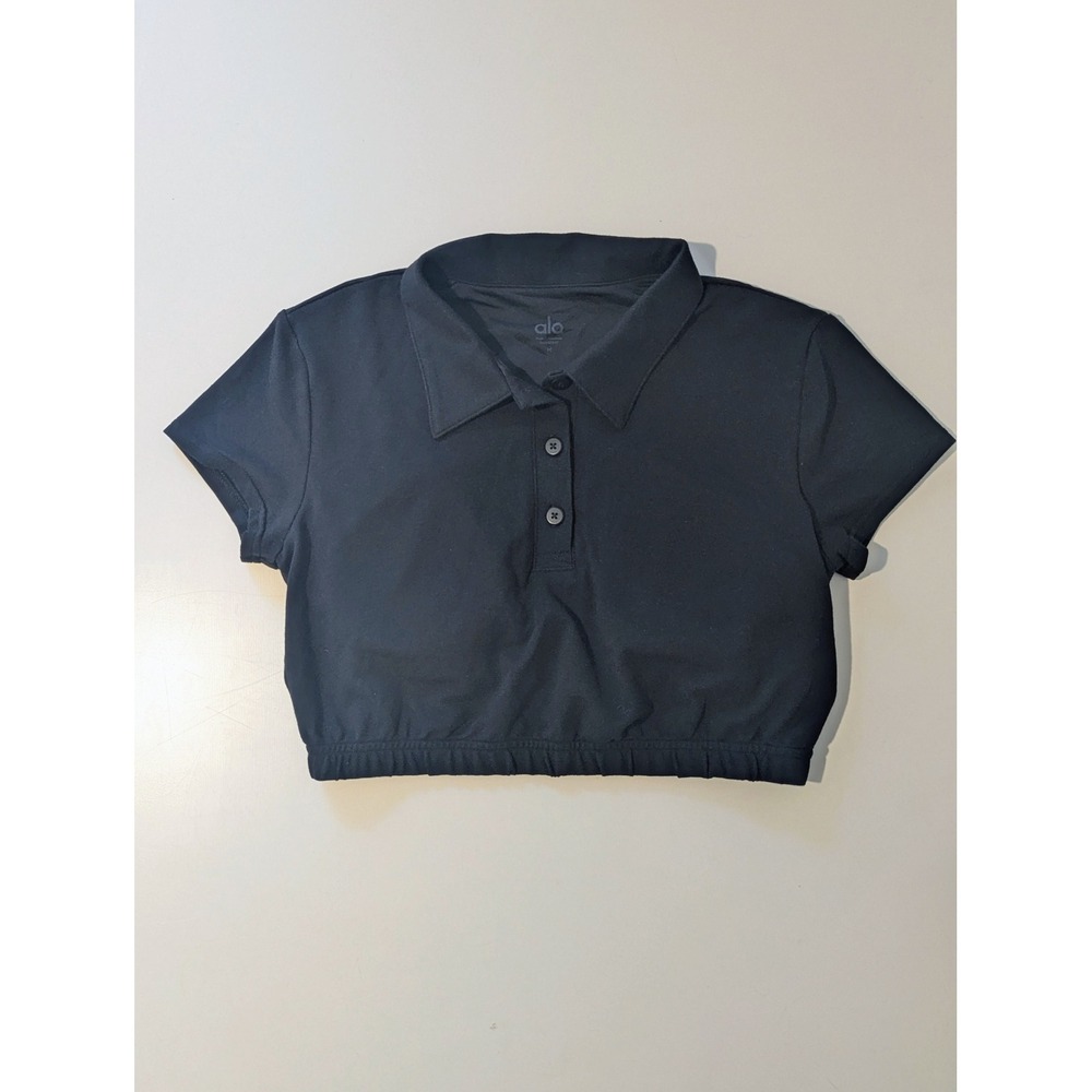 Alo Yoga Womens Black Cropped Polo Shirt Short Sleeve Built-in Bra Size M